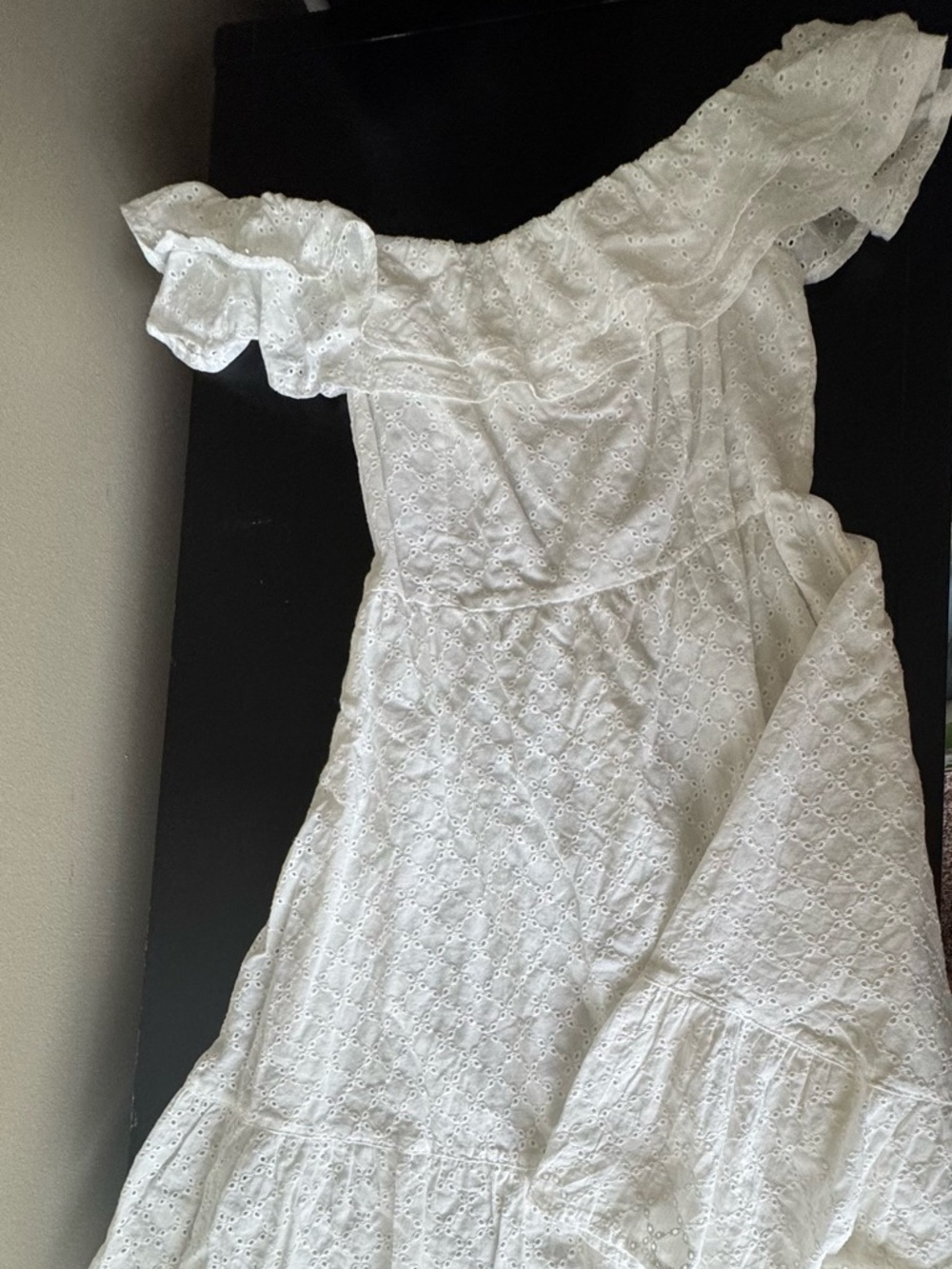 White Eyelet Ruffle Off-Shoulder Dress